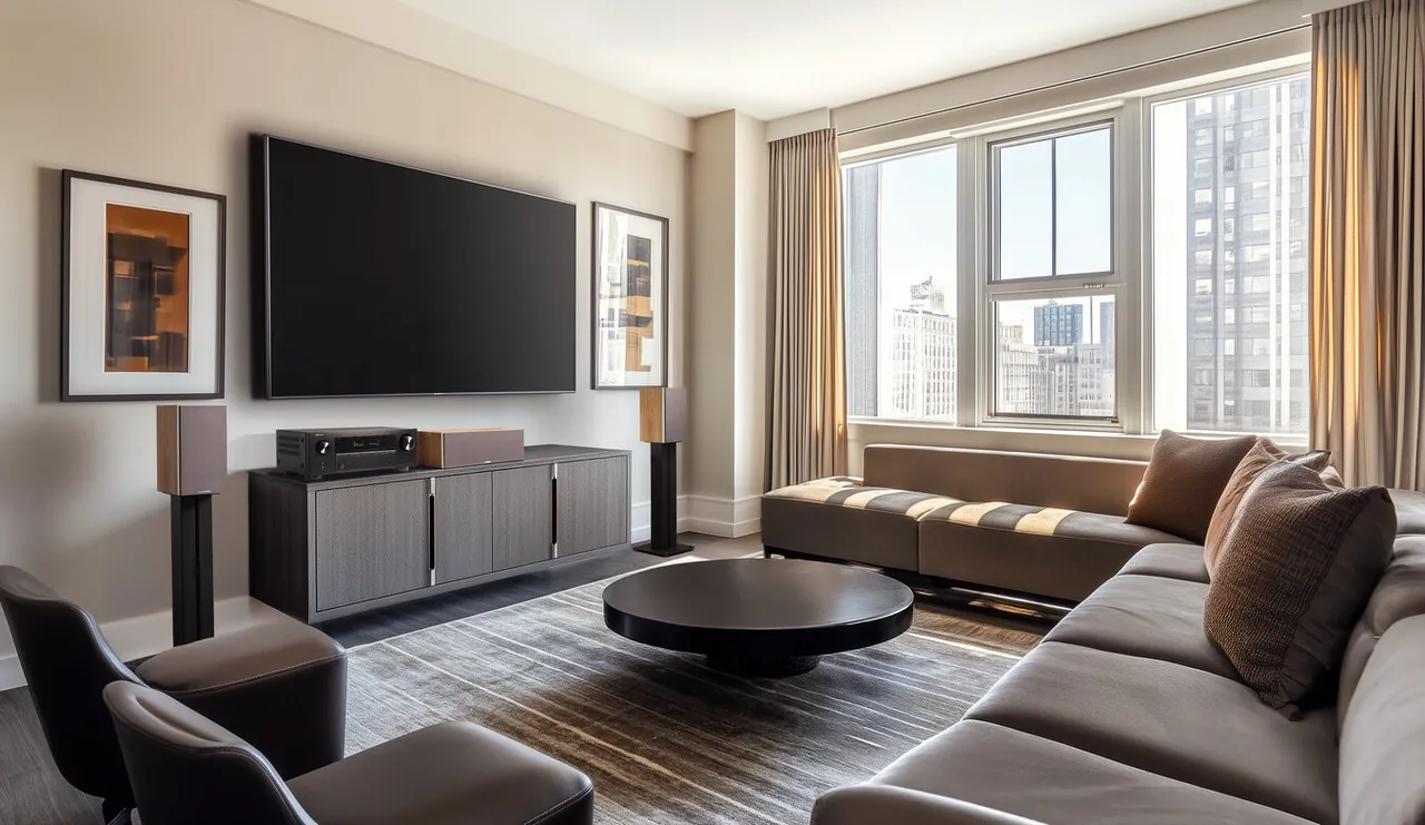 Ampli home cinéma Denon sous la TV d'un salon