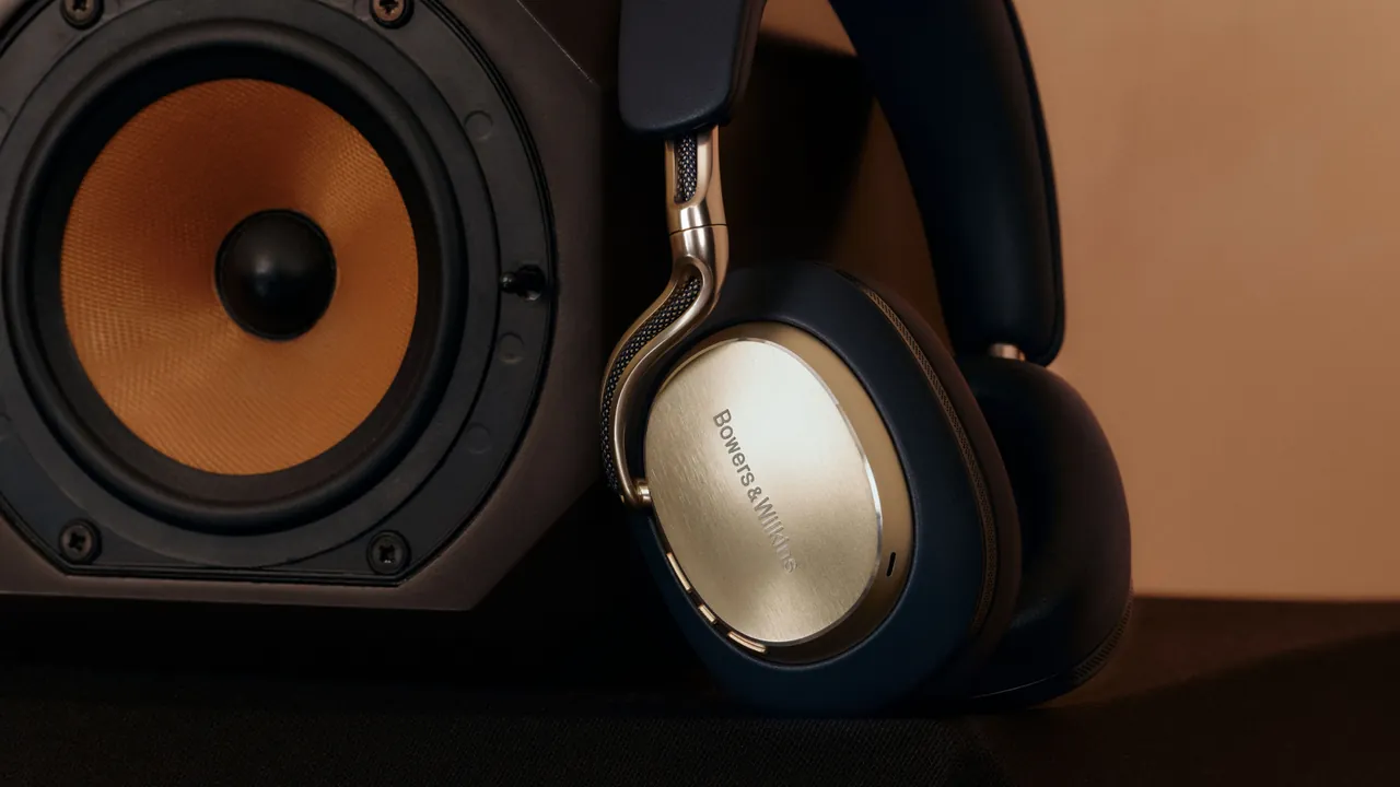 Casque Bowers & Wilkins Px8 S2 posé contre une enceinte