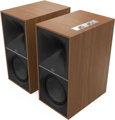 Enceintes amplifiées Klipsch The Nines Noyer avec Bluetooth, USB et HDMI. Son Hi-Fi clair et dynamique, idéales pour musique et home cinéma.