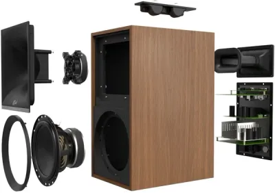 Enceintes amplifiées Klipsch The Sevens Noyer avec 2x100 W RMS, Bluetooth, HDMI ARC et USB. Compactes, polyvalentes et idéales pour musique et home cinéma.