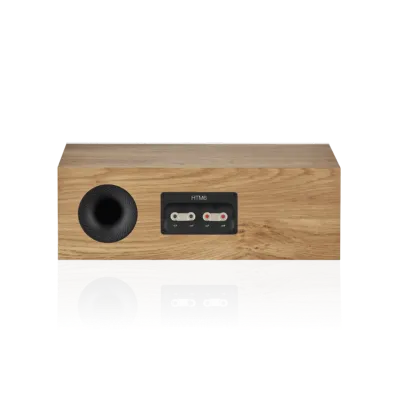 Connecteurs de l'enceinte centrale Bowers & Wilkins HTM6 S3 Oak, bornes à vis pour câbles audio.