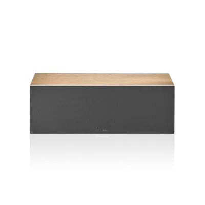 Enceinte centrale Bowers & Wilkins HTM6 S3 Oak avec grilles amovibles.