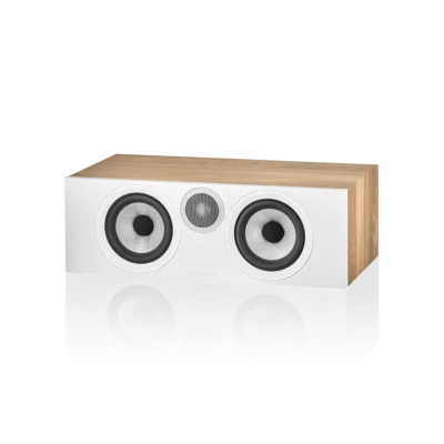 Profil latéral de l'enceinte centrale Bowers & Wilkins HTM6 S3 Oak, montrant son design compact.