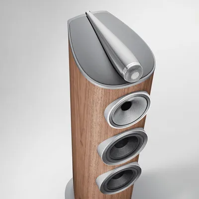 Enceinte colonne Bowers & Wilkins 804 D4 Satin Walnut vue de haut du coffret et du haut-parleur