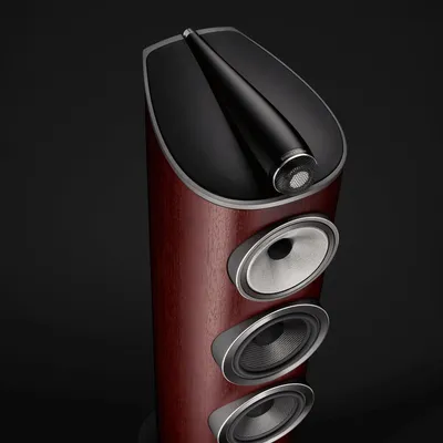 Enceinte colonne Bowers & Wilkins 804 D4 Satin Rosenut vue de haut du coffret et du haut-parleur