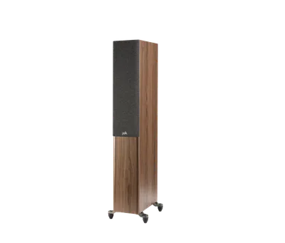 Polk Reserve R500 finition noyer brun, trois-quarts gauche avec grille