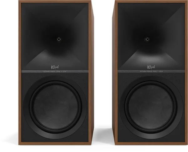 Enceintes amplifiées Klipsch The Nines Noyer avec Bluetooth, USB et HDMI. Son Hi-Fi clair et dynamique, idéales pour musique et home cinéma.