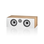 Profil latéral de l'enceinte centrale Bowers & Wilkins HTM6 S3 Oak, montrant son design compact.